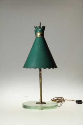 lampada da tavolo di modernariato, lampada da tavolo anni 50, base in cristallo, ottone ed alluminio verniciato