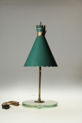 lampada da tavolo di modernariato, lampada da tavolo anni 50, base in cristallo, ottone ed alluminio verniciato