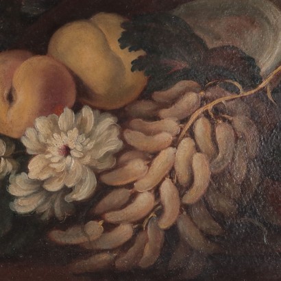 Par de bodegones con frutas y flores.