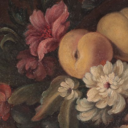 Par de bodegones con frutas y flores.