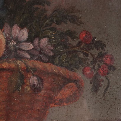 Par de bodegones con frutas y flores.