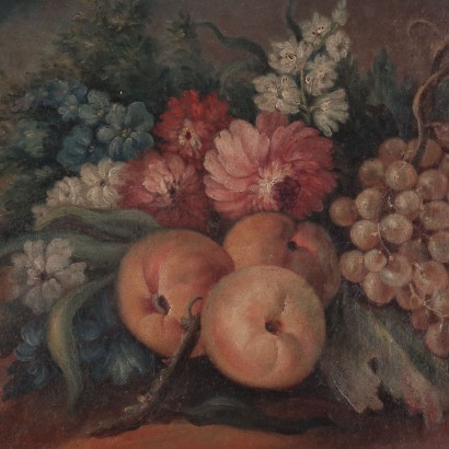 Pareja de bodegones con flores y frutas
