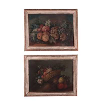 Pareja de bodegones con flores y frutas