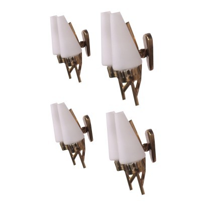 Group Of Four Sconces Brass Opaline Glass Italy 1950s 1960s