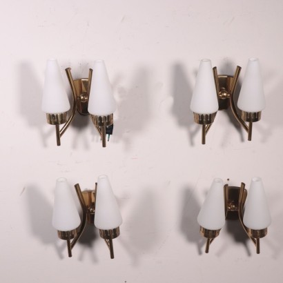 Group Of Four Sconces Brass Opaline Glass Italy 1950s 1960s