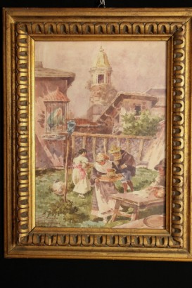 arte, arte del novecento, riccardo pellegrini, colazione in giardino, pittura, acquarello, tela del 1910 