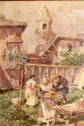 arte, arte del novecento, riccardo pellegrini, colazione in giardino, pittura, acquarello, tela del 1910 