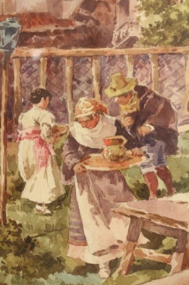 arte, arte del novecento, riccardo pellegrini, colazione in giardino, pittura, acquarello, tela del 1910 