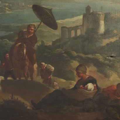 arte, arte italiana, pittura antica italiana,Paesaggio con Figure e Cavalieri