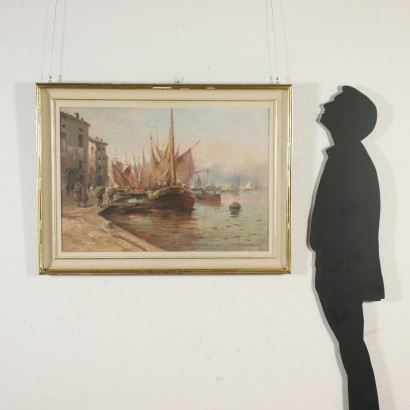 Harbour Glimpse Oil on Canvas 20th Century