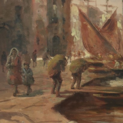 Harbour Glimpse Oil on Canvas 20th Century