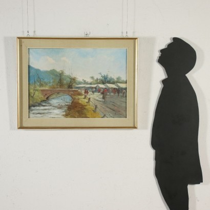 arte, arte italiana, pittura novecento italiana,Scorcio di Paese con Figure