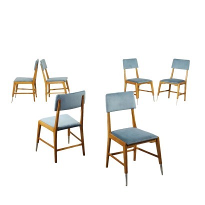 Group Of Six Chairs Sessile Oak Foam Velvet Aluminium Italy 1950s