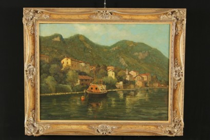 arte del novecento, 900, Arturo Bonanomi (1920), Arturo Bonanomi, lago di como, lezzeno, paesaggio, olio su faesite