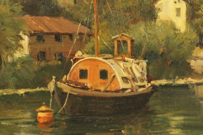 arte del novecento, 900, Arturo Bonanomi (1920), Arturo Bonanomi, lago di como, lezzeno, paesaggio, olio su faesite