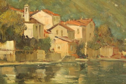 arte del novecento, 900, Arturo Bonanomi (1920), Arturo Bonanomi, lago di como, lezzeno, paesaggio, olio su faesite