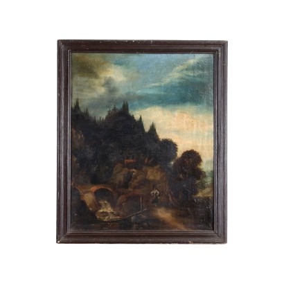 Paisaje con río y figura femenina