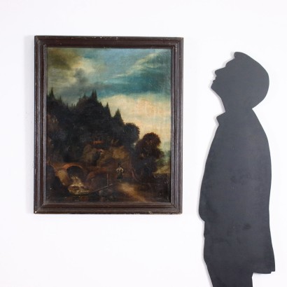 Landschaft mit Fluss und Weiblicher Figur Öl auf Leinwand Italien '800