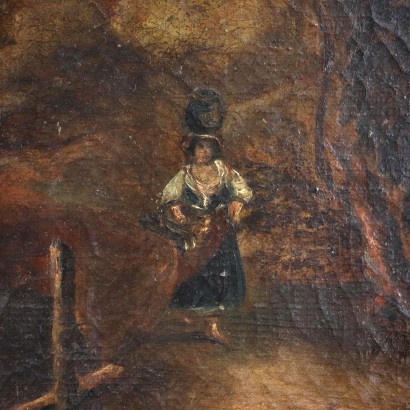 Landschaft mit Fluss und Weiblicher Figur Öl auf Leinwand Italien '800