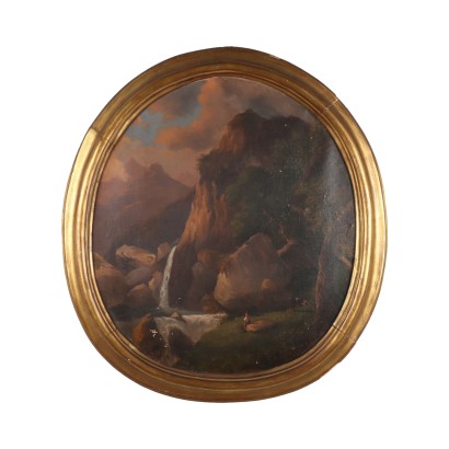 Paesaggio con cascata e pastore