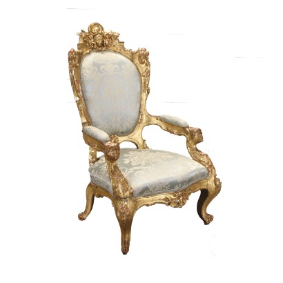 Fauteuil Ancien Néo-Baroque Italie '800 Assise Rembourré Bois Doré