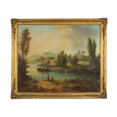 arte, arte italiana, pittura ottocento italiana,Paesaggio Fluviale con Edifici e Figure%