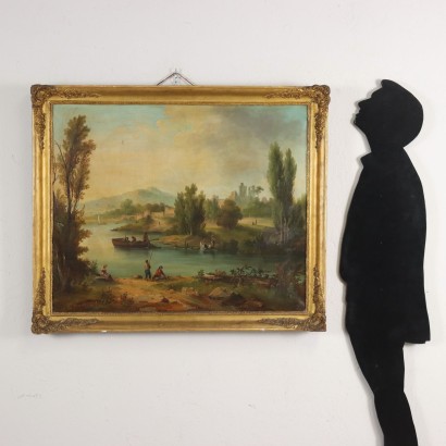 arte, arte italiana, pittura ottocento italiana,Paesaggio Fluviale con Edifici e Figure%