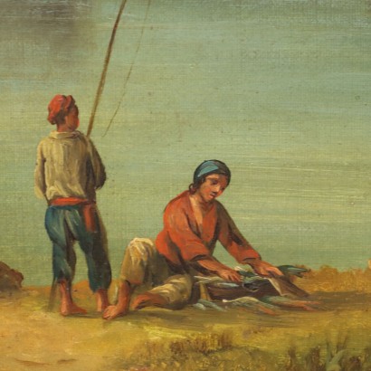 arte, arte italiana, pittura ottocento italiana,Paesaggio Fluviale con Edifici e Figure%