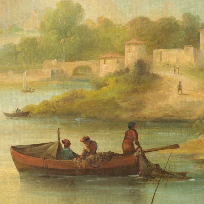 arte, arte italiana, pittura ottocento italiana,Paesaggio Fluviale con Edifici e Figure%