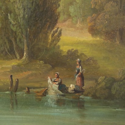 arte, arte italiana, pittura ottocento italiana,Paesaggio Fluviale con Edifici e Figure%