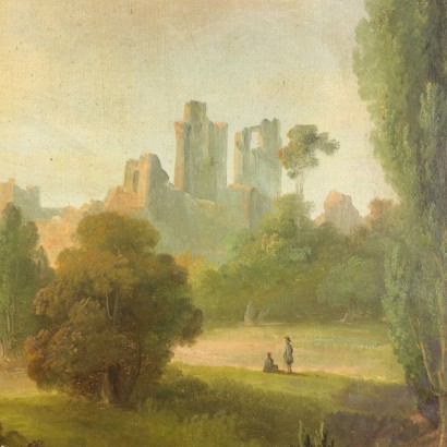 arte, arte italiana, pittura ottocento italiana,Paesaggio Fluviale con Edifici e Figure%