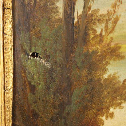 arte, arte italiana, pittura ottocento italiana,Paesaggio Fluviale con Edifici e Figure%