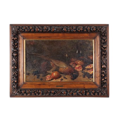 arte, arte italiana, pittura ottocento italiana,Natura Morta di Riccardo Pellegrini con%,Natura morta con fagiani melograni e ,Riccardo Pellegrini