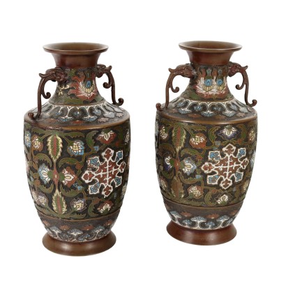 Paire de Vases Cloisonné Bronze Japon XIX-XX Siècle