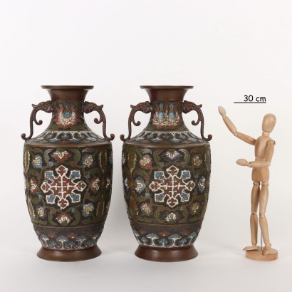 Paire de Vases Cloisonné Bronze Japon XIX-XX Siècle