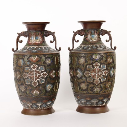 Paire de Vases Cloisonné Bronze Japon XIX-XX Siècle