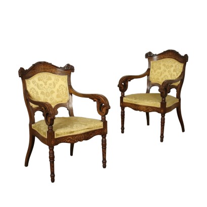Coppia di poltrone intarsiate,Due Poltrone Carlo X