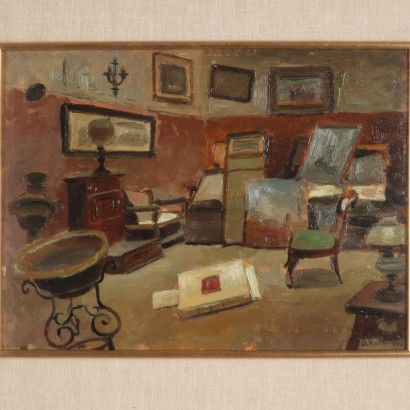 arte, arte italiana, pittura novecento italiana,Dipinto di Interno di Dino Rossi ,La bottega dell'antiquario,Dino Rossi,Dino Rossi,Dino Rossi,Dino Rossi