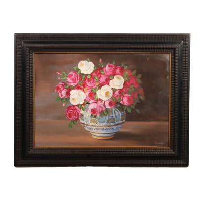 Dipinto con Composizione di Rose in Vaso