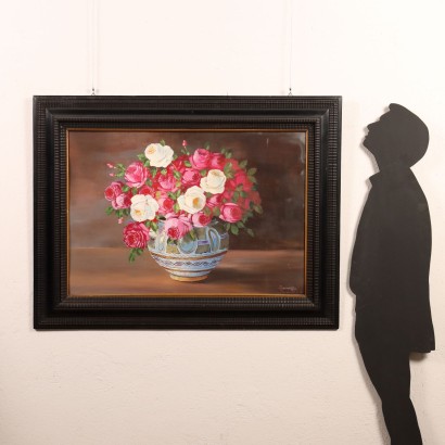 Dipinto con Composizione di Rose in Va,Composizione di Rose in Vaso