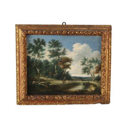 Landschaft mit Figuren Öl auf Holztablett Europa XVIII-XIX Jhd