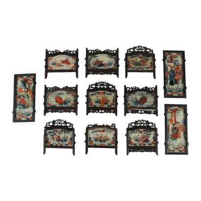 Group of Twelve Glass Panels Painted in Tempera