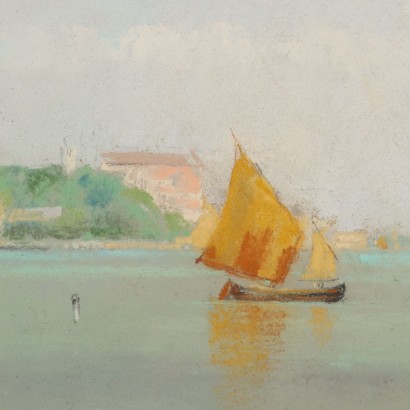 Dipinto con Paesaggio Marino di Mario ,Scorcio marino con barche,Mario Bezzola,Mario Bezzola,Mario Bezzola,Mario Bezzola
