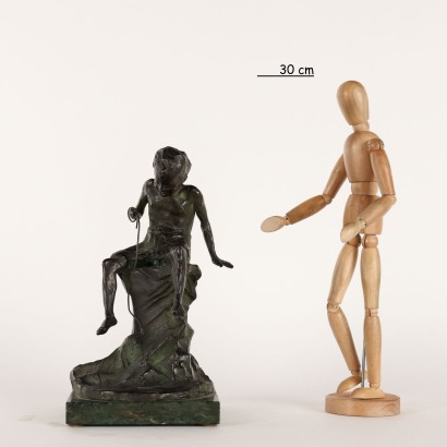 Der Kleine Fischer Bronzeskulptur von A. Bezzola Italien XIX Jhd