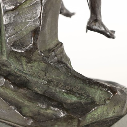 Der Kleine Fischer Bronzeskulptur von A. Bezzola Italien XIX Jhd