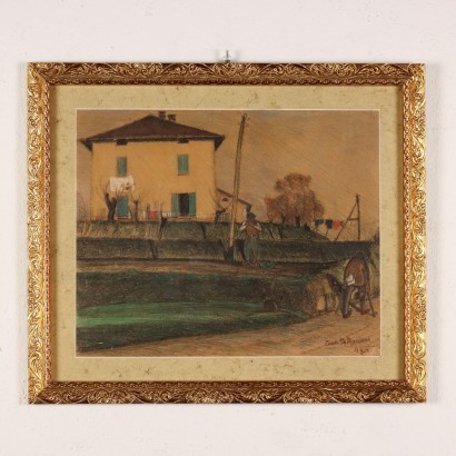 Antique Painting Landscape Crayons on Paper 1930