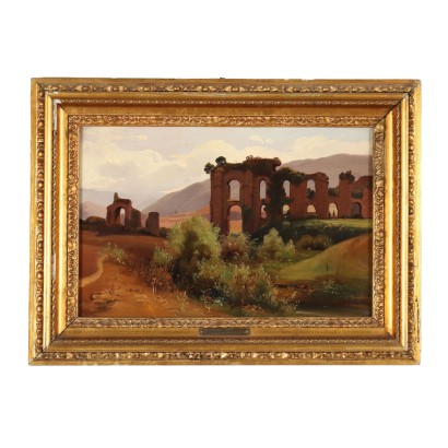 Dipinto di Paesaggio Italiano con Rovine e Figure