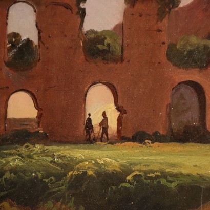 arte, arte italiana, pittura ottocento italiana,Dipinto di Paesaggio Italiano con Rovine,Paesaggio italiano con rovine e figure