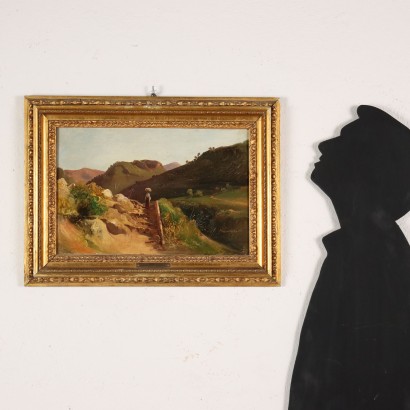 arte, arte italiana, pittura ottocento italiana,Dipinto di Paesaggio Italiano con Figure