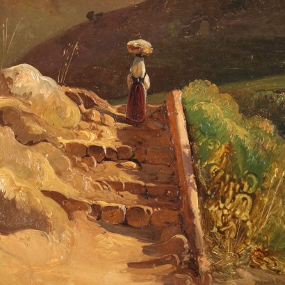 arte, arte italiana, pittura ottocento italiana,Dipinto di Paesaggio Italiano con Figure